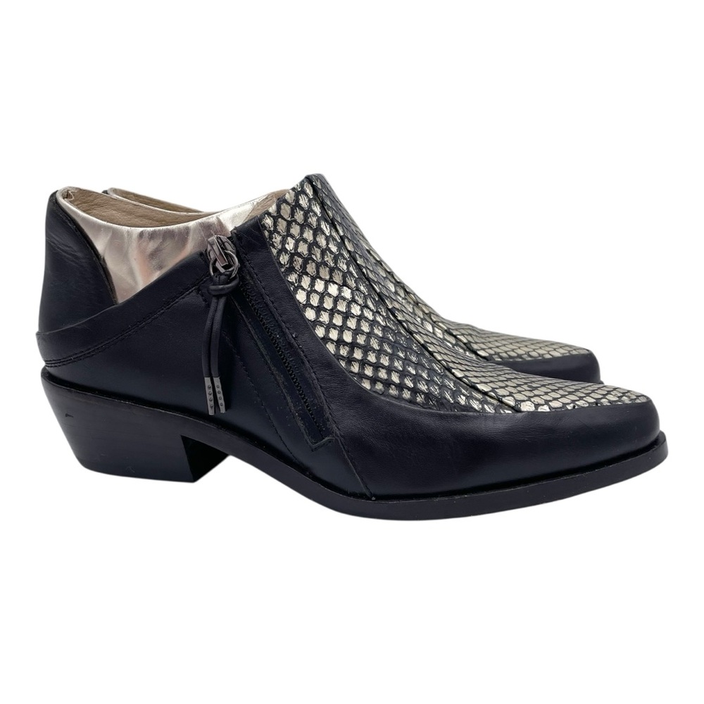 L.A.M.B. Gwen Stefani Leah Leather Heel Booties Size 6.5 Black Silver Snakeskin